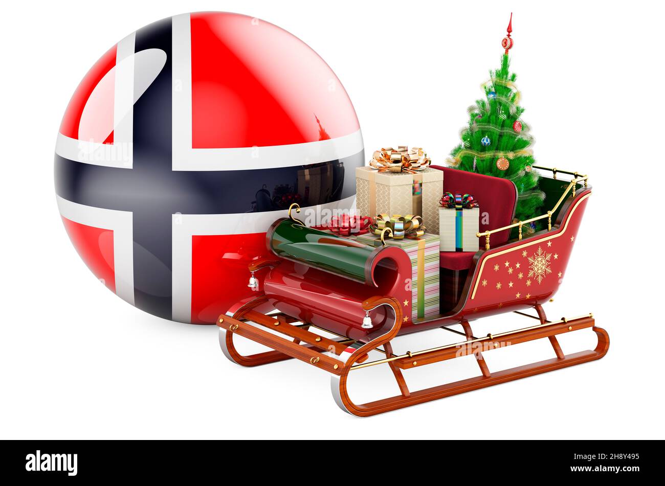 Christmas in Norway, concept. Christmas Santa sleigh full of gifts with