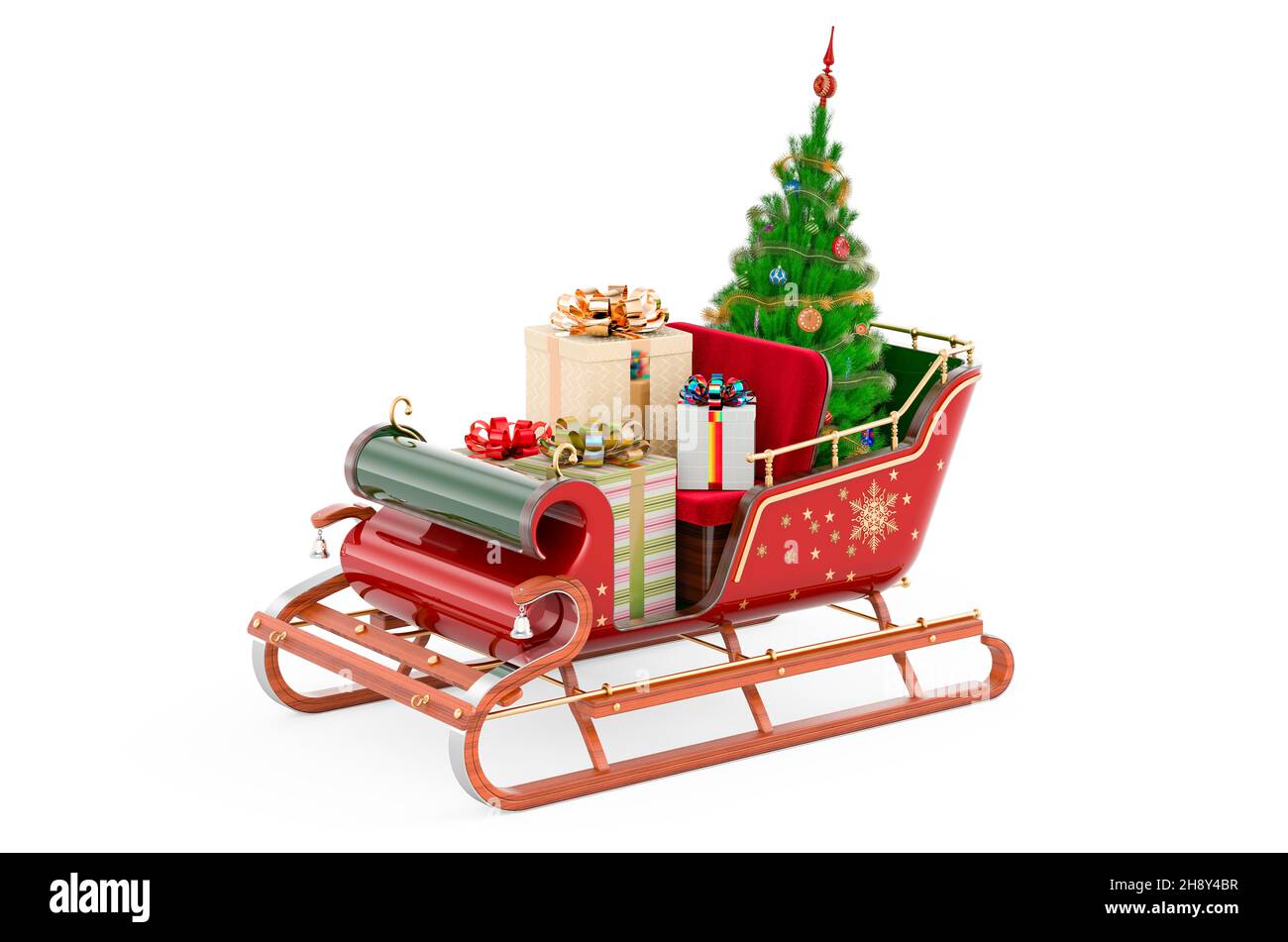 Christmas Santa sleigh full of gifts with Christmas tree. 3D rendering ...