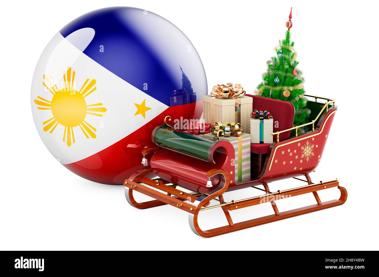 Christmas in Philippines, concept. Christmas Santa sleigh full of gifts