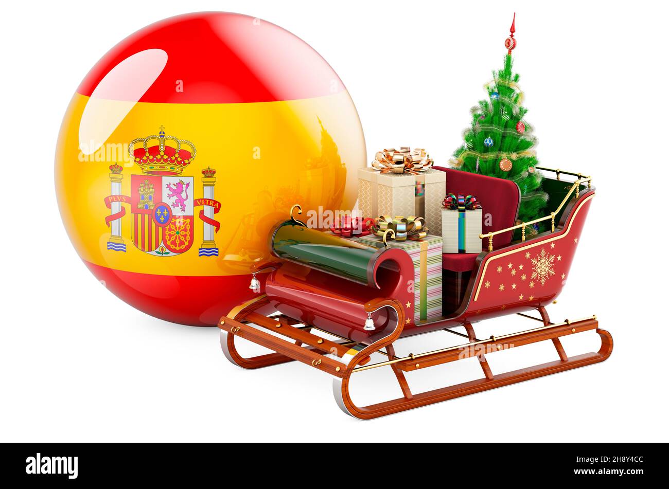Christmas in Spain, concept. Christmas Santa sleigh full of gifts with Spanish flag. 3D rendering isolated on white background Stock Photo