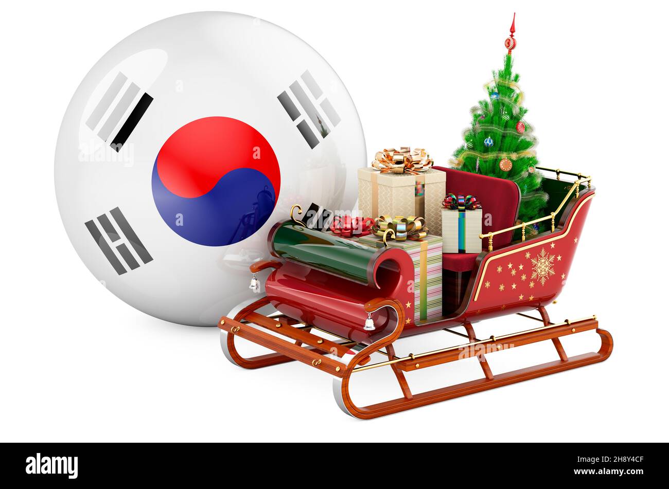 Christmas in South Korea, concept. Christmas Santa sleigh full of gifts with South Korean flag