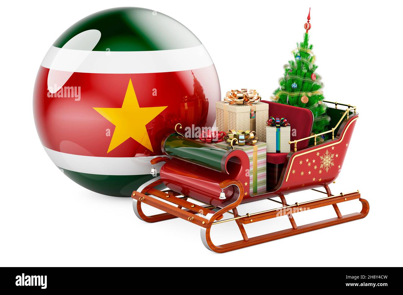Christmas in Suriname, concept. Christmas Santa sleigh full of gifts