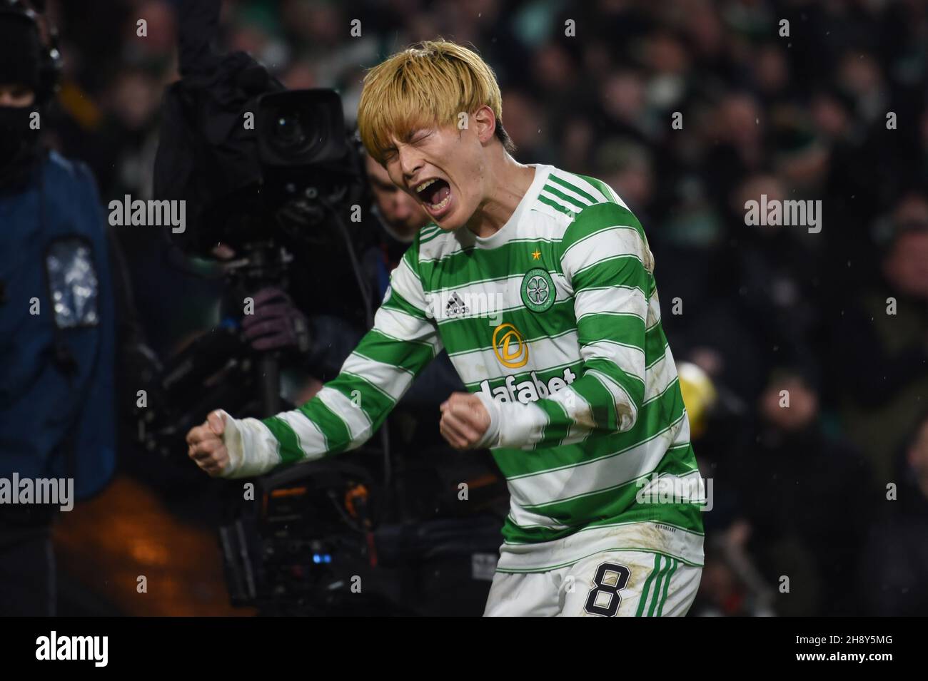 Glasgow, Scotland, 2nd December 2021. Kyogo Furuhashi of Celtic scores