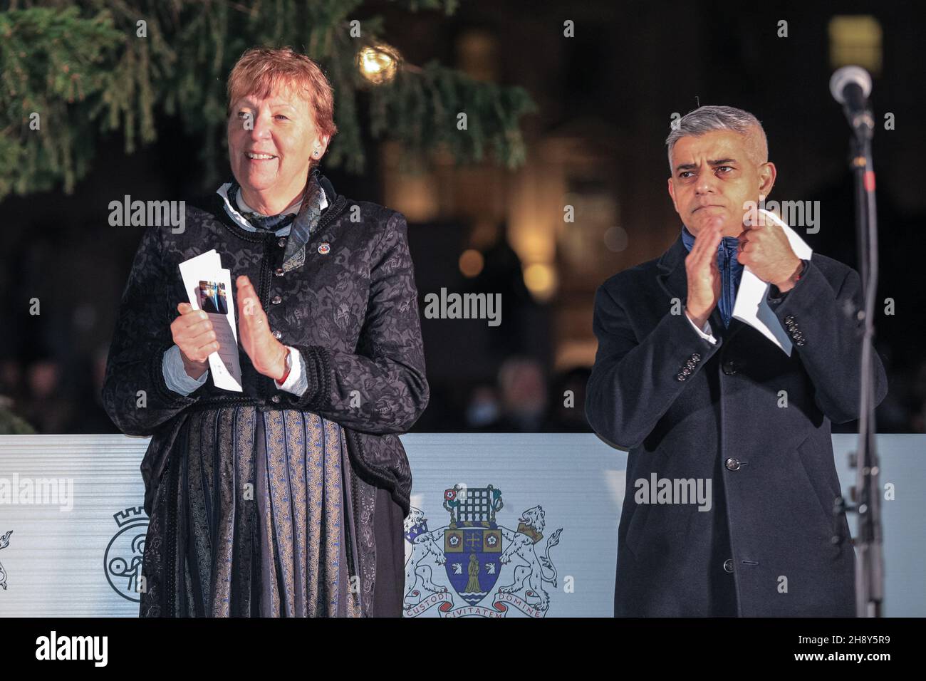 Westminster, London, 02nd Dec 2021. The Mayor of Oslo, Marianne Borgen, and Mayor of London, Sadiq Khan. The Trafalgar Square Christmas Tree lights are switched on in a traditional ceremony this evening. The 25-metre high tree, usually a Norwegian spruce, is a gift from the people of Norway to London, in thanks for Britain's support in World War II. This historic tradition has happened every year since 1947. Credit: Imageplotter/Alamy Live News Stock Photo