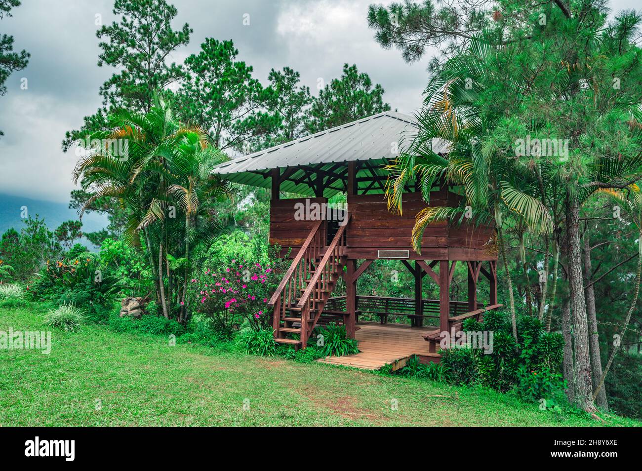 Weekend away in wooden gazebo raining season Stock Photo