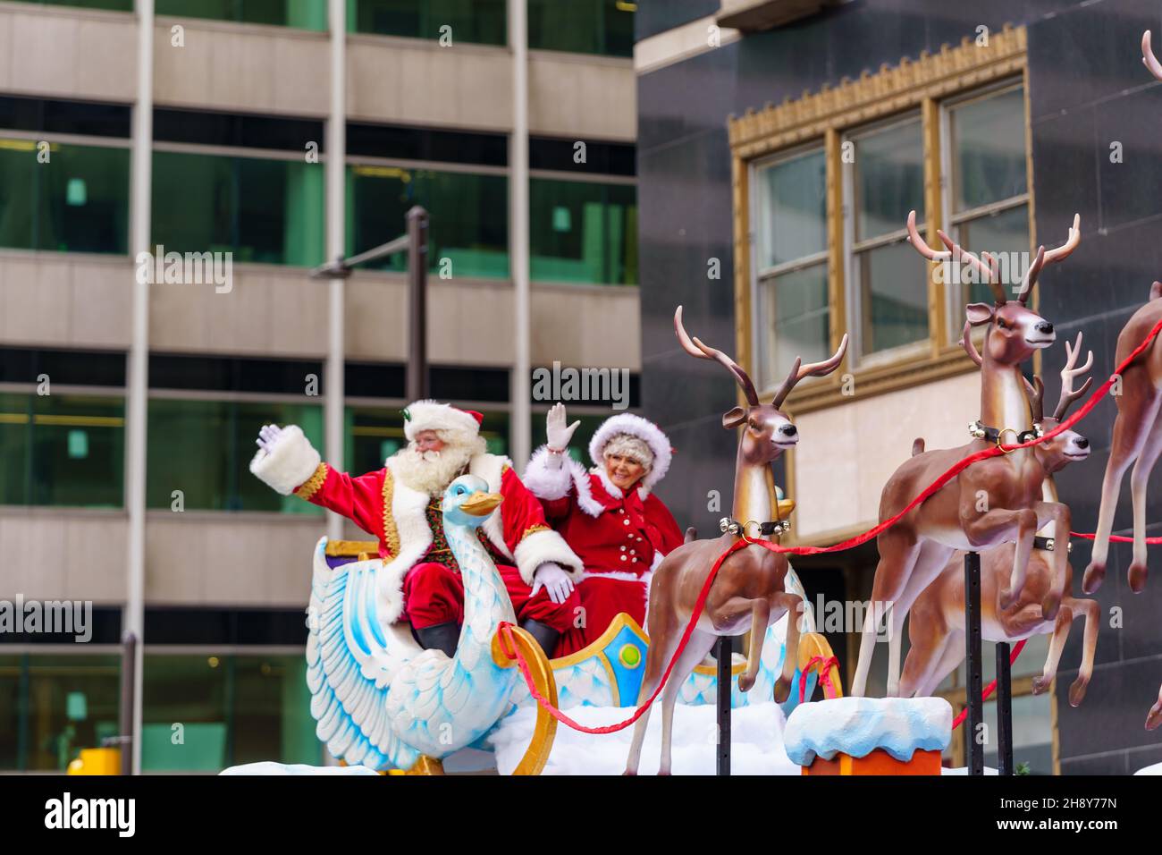 Philadelphia, PA, USA - November 25, 2021: Mr. and Mrs. Santa Claus on a float in the 102nd annual Thanksgiving Day Parade. Stock Photo