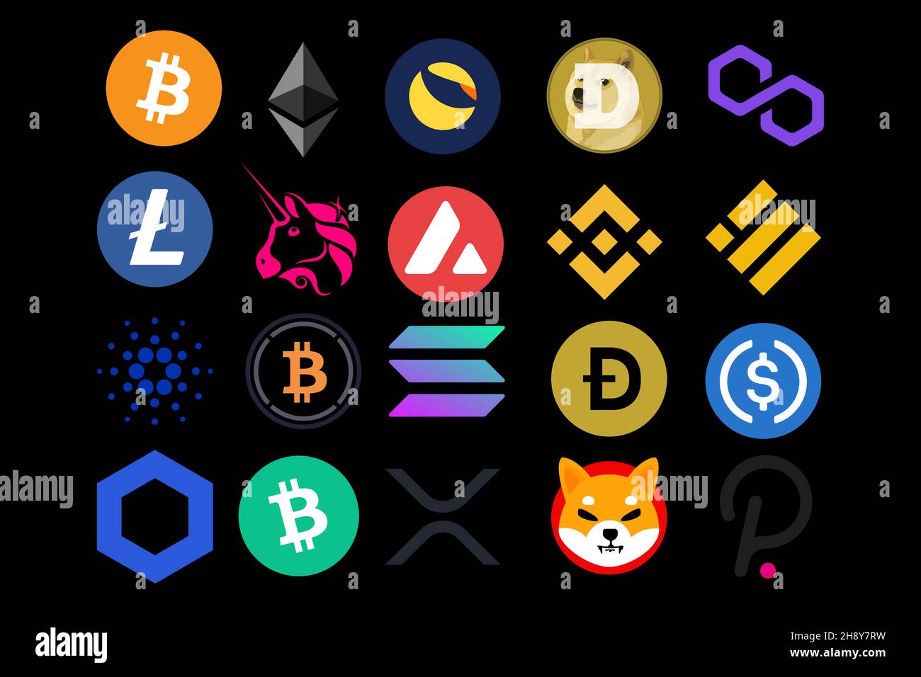 Logos of cryptocurrency coins, cryptomens on a black background,Business  and Finance,Future finance, blockchain, Bitcoin,Ethereum, Binance Coin  Stock Photo - Alamy