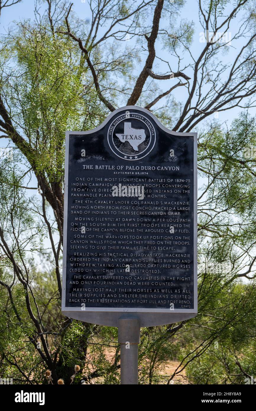 Canyon, TX - Sept. 20, 2021: Historic marker inside the state park telling the story of the battle of Palo Duro Canyon Stock Photo