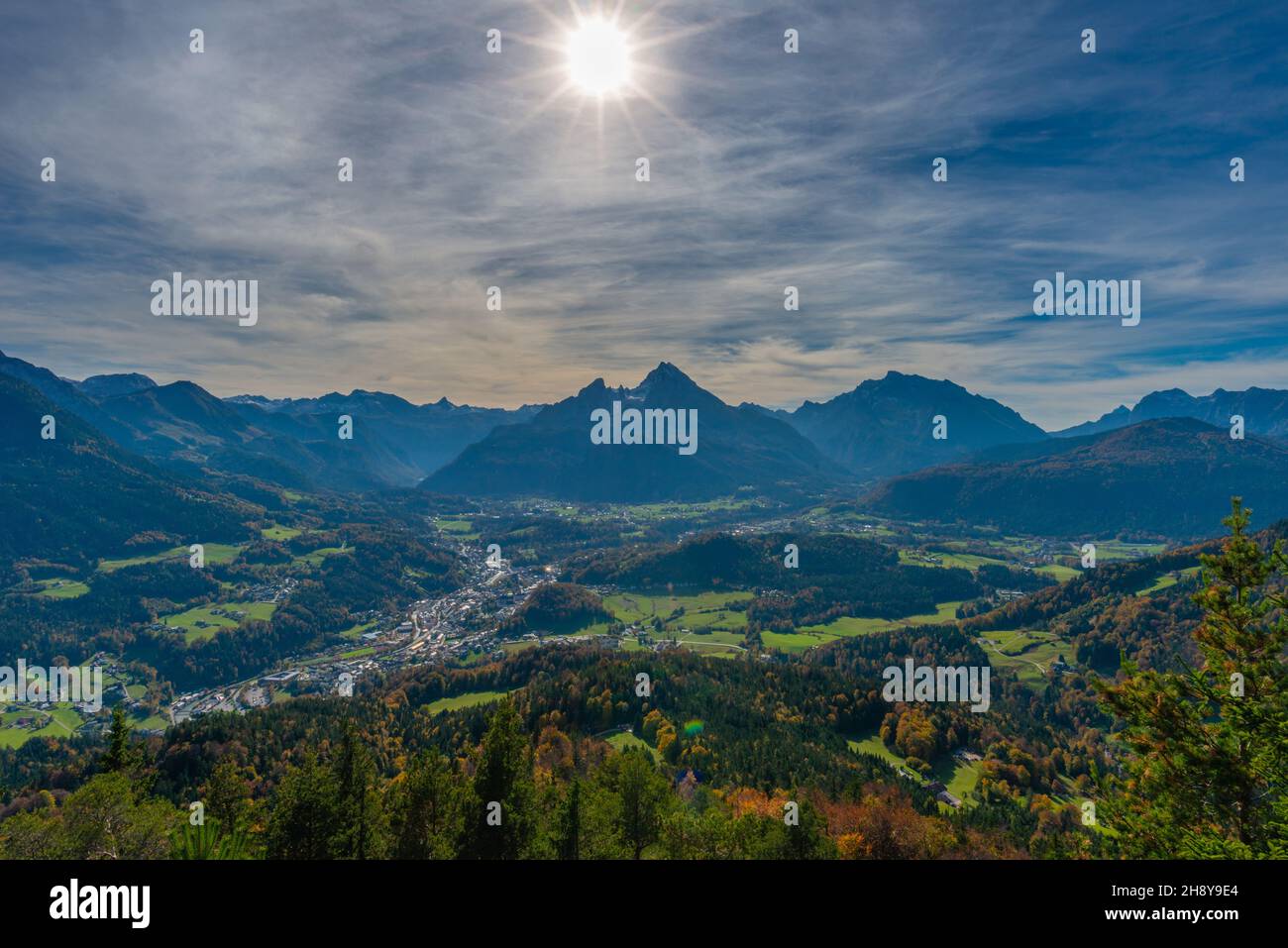 Watzmann mountain and Berchtesgaden seen from Kneifelspitz Mountain, 1168m asl, Maria Gern, Berchtesgaden, Upper Bavaria, Southern Germany Stock Photo