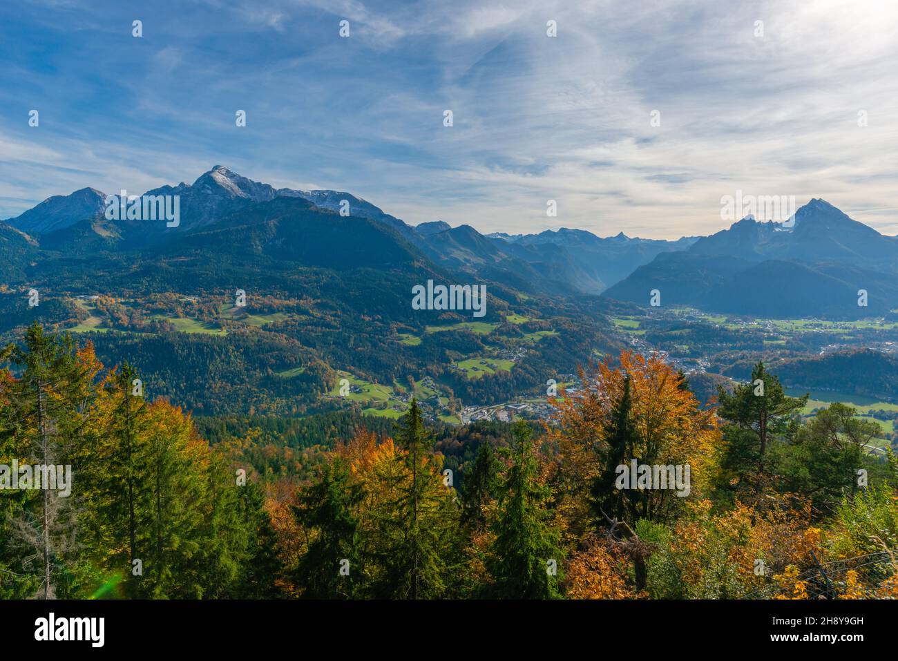 Watzmann mountain and Berchtesgaden seen from Kneifelspitz Mountain, 1168m asl, Maria Gern, Berchtesgaden, Upper Bavaria, Southern Germany Stock Photo