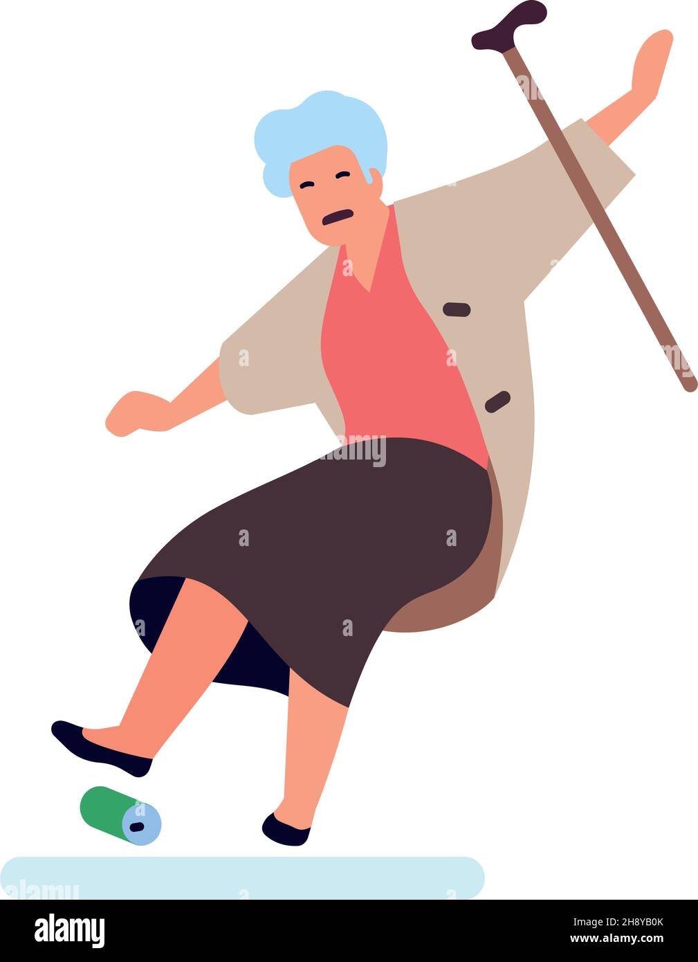 Old woman falling down. Senior stumble over trash and loosing balance Stock Vector