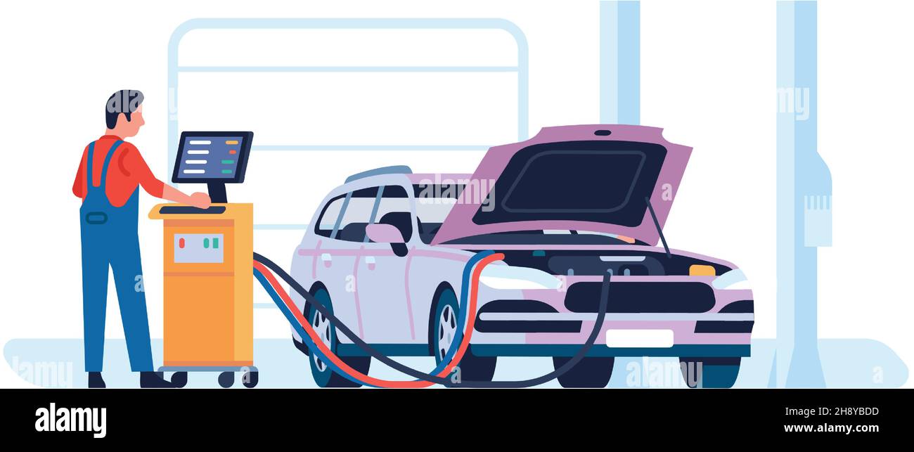 Man running car diagnostics at service. Worker checking vehicle Stock