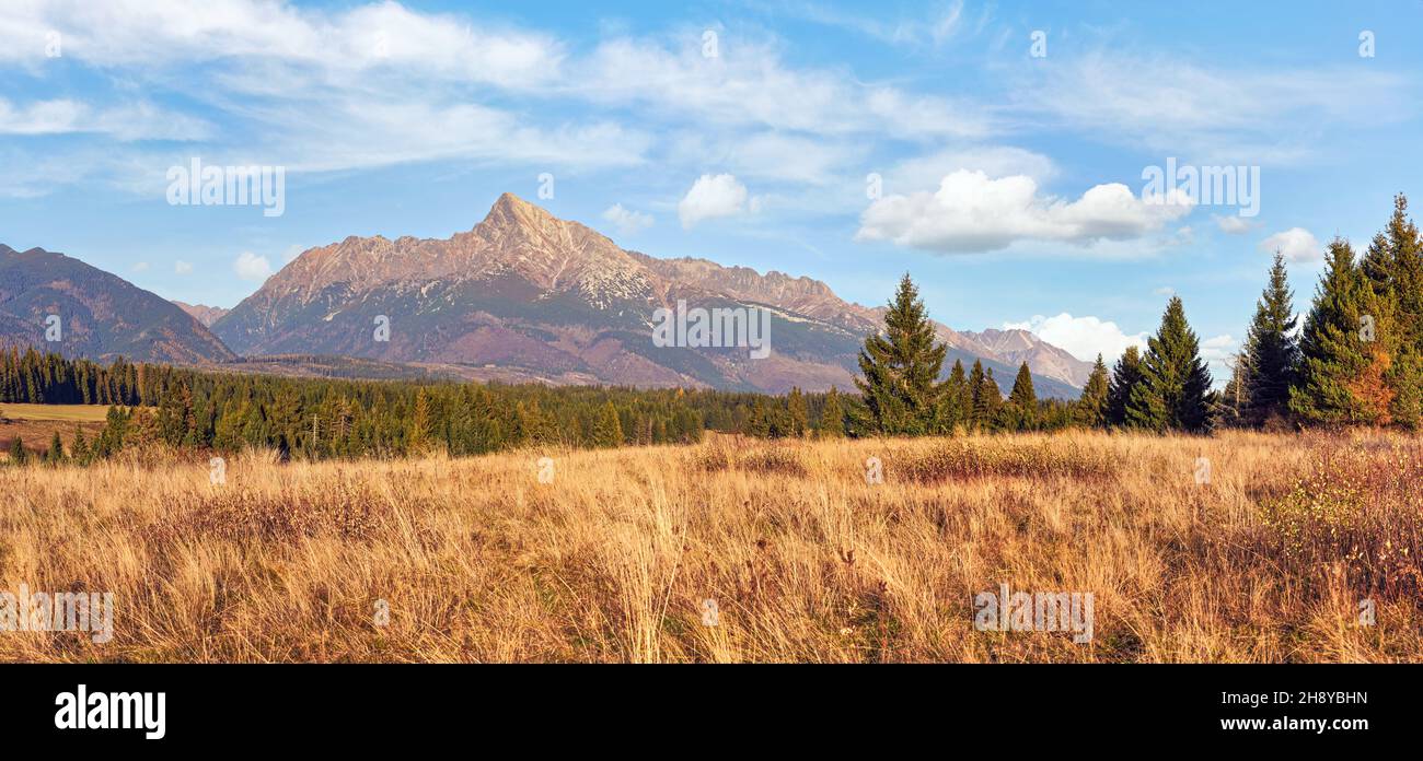 Autumn meadows, panorama of Tatry mountains with Krivan peak (Slovak symbol) in distance Stock Photo