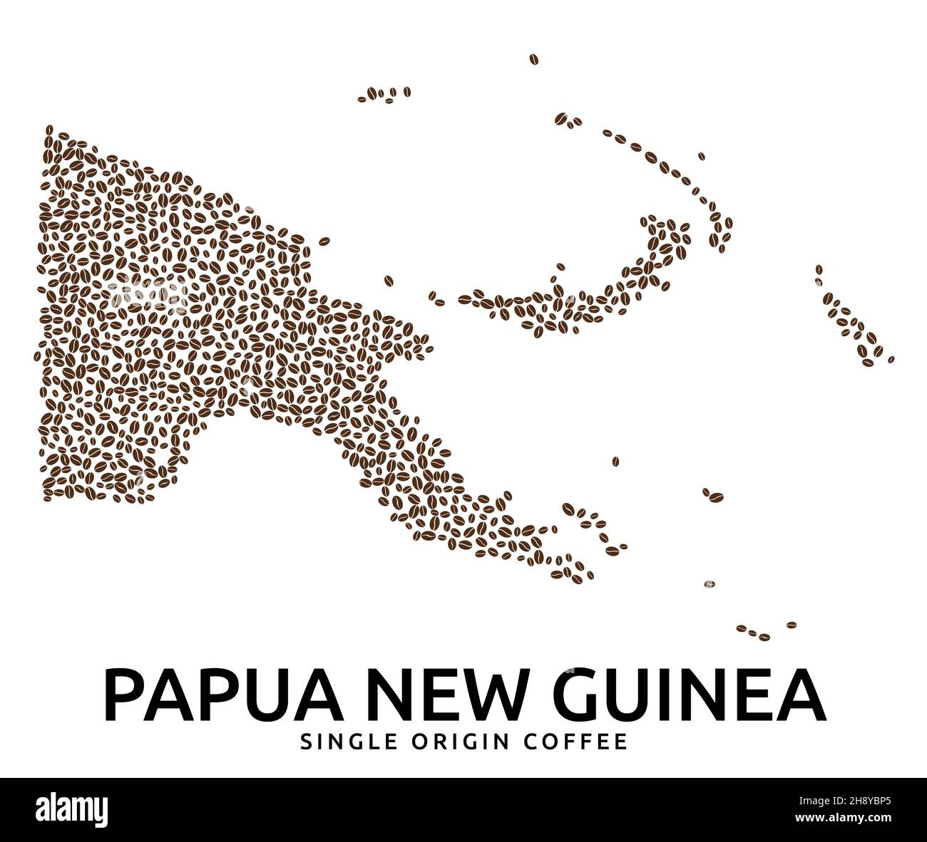 Shape of Papua New Guinea map made of scattered coffee beans, country name below Stock Vector
