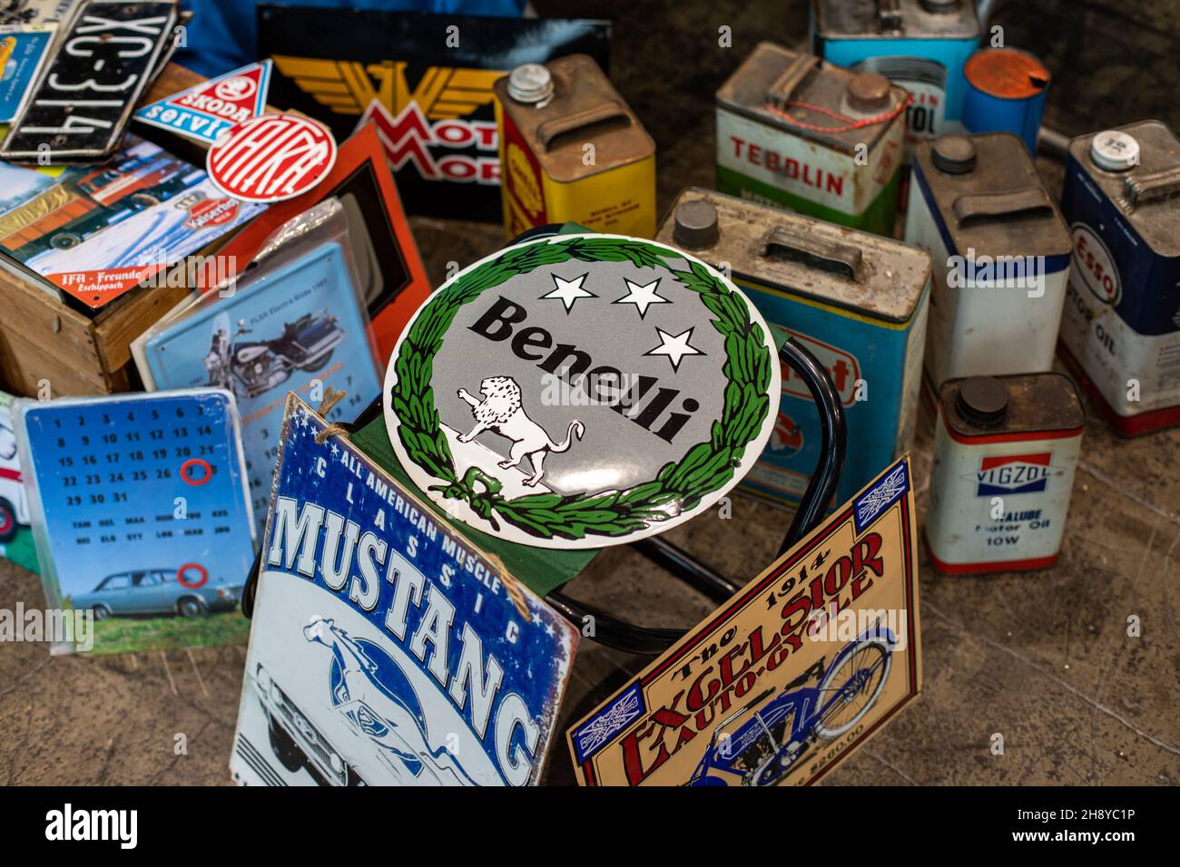 Car and motorcycle related memorabilia on sale at Retro & Vintage Design Expo in Helsinki, Finland Stock Photo