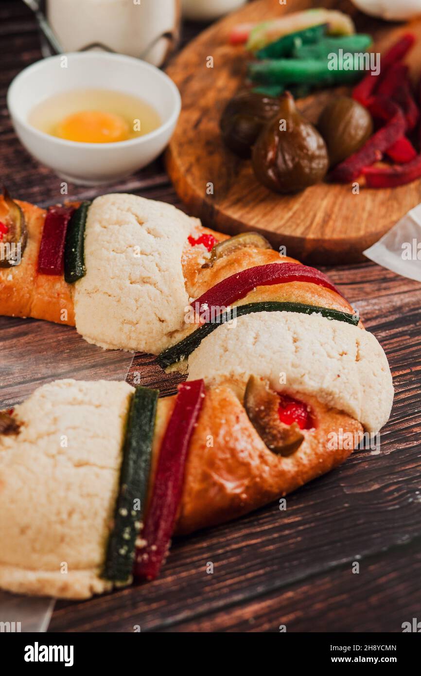 mexican rosca de reyes or Epiphany cake ingredients and recipe on a wooden table in Mexico Latin America Stock Photo