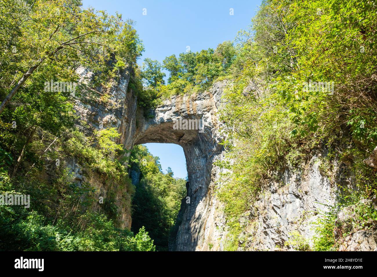 Natural Bridge geological formation in Rockbridge County, Virginia, comprising a 215-foot-high (66 m) natural arch with a span of 90 feet (27 m). It i Stock Photo