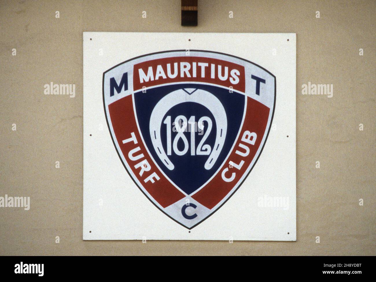 Logo of the Mauritius Turf Club at the grand stand of the race course of Port Louis Stock Photo