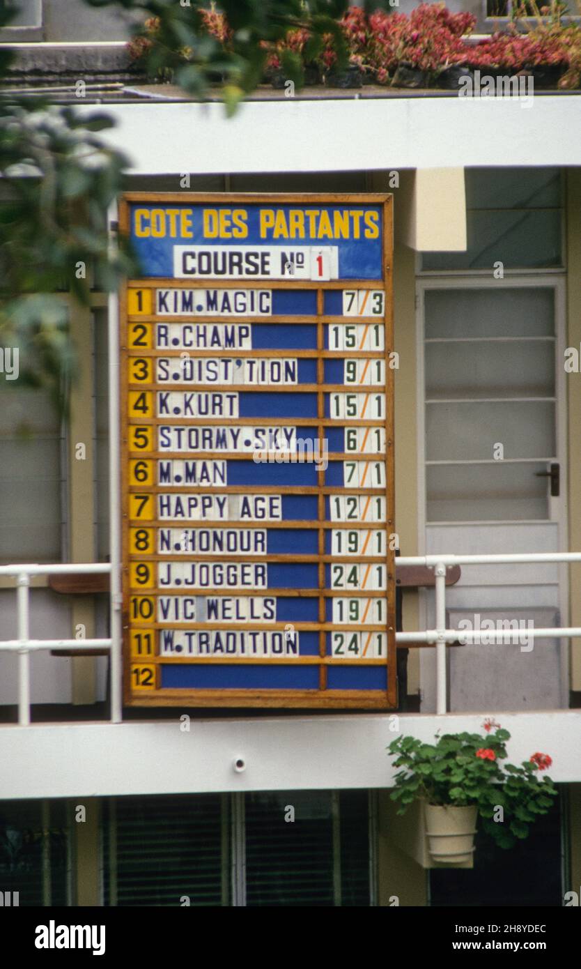 A signboard at the clubhouse of the Mauritius Turf Club in Port Louis listing the starting lineup and the odds for betting for the first horse race of the day. Stock Photo