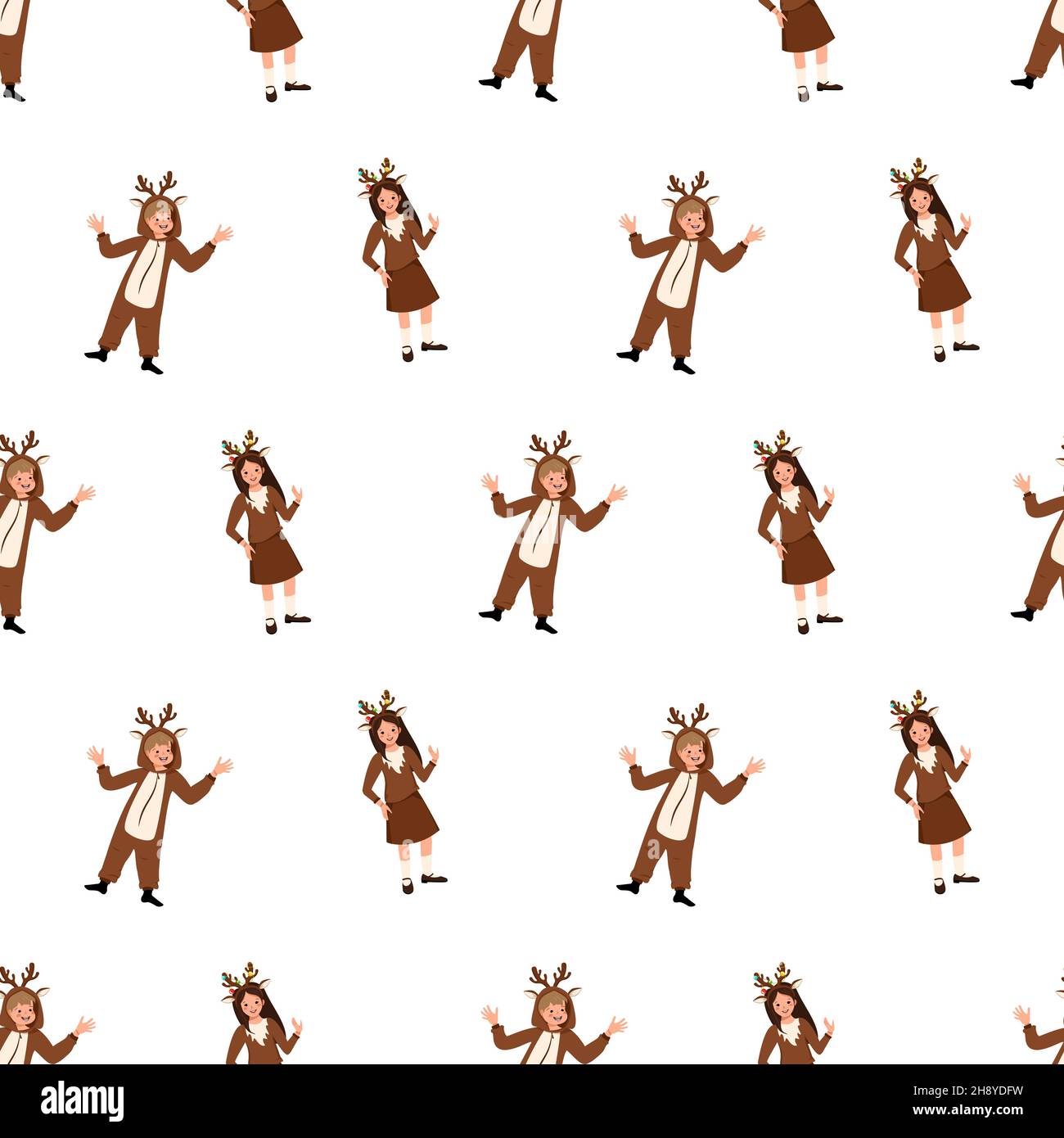 Seamless pattern with girl and boy in carnival costume of deer. Festive print for party, New Year and Christmas. Child dancing with happy face and smile emotions Stock Vector