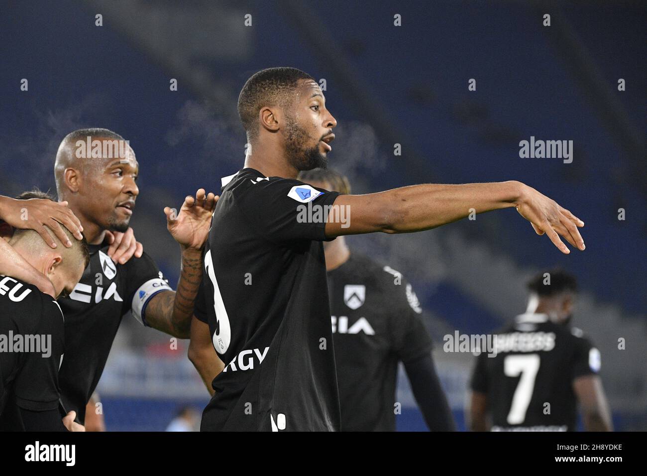 Rome, Italy. 2 December 2021, Norberto Bercique Gomes Betuncal (Udinese) celebrates after scoring the goal 0-1 during the  Italian Football Championship League A 2021/2022 match between SS Lazio vs Udinese Calcio at the Olimpic Stadium in Rome on 02 December 2021. Stock Photo