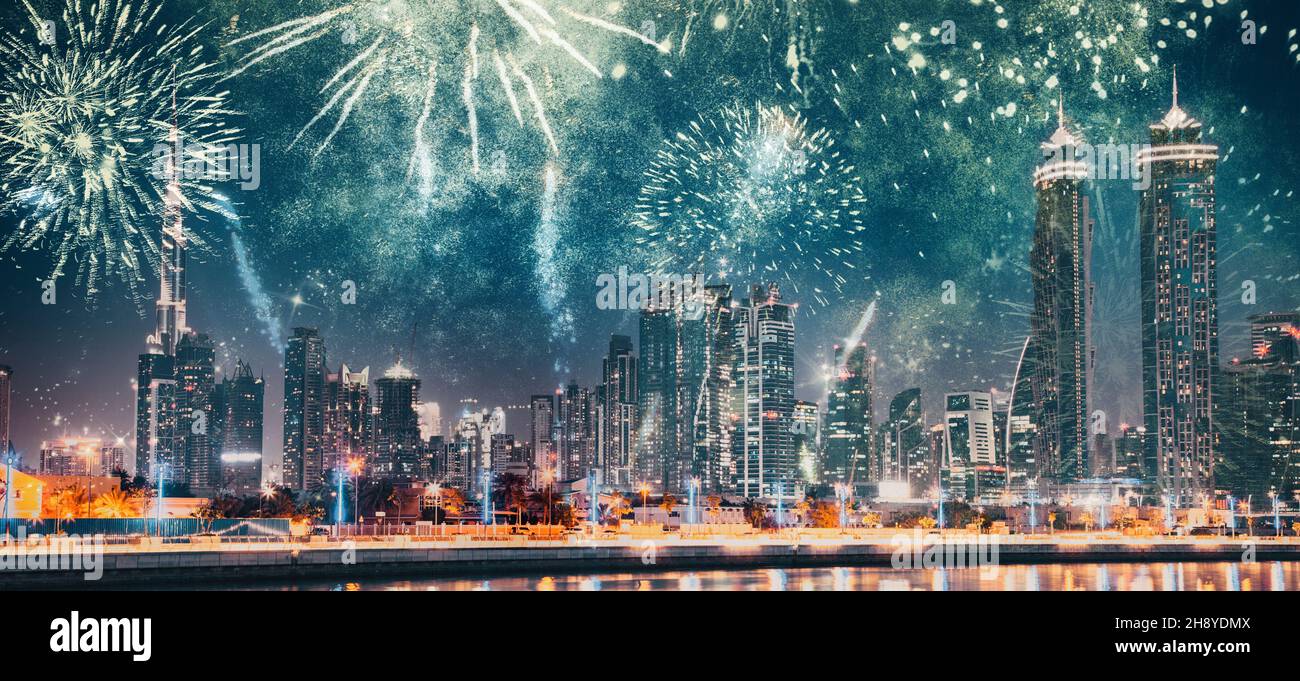 fireworks over Dubai New Year celebrations in UAE Stock Photo - Alamy