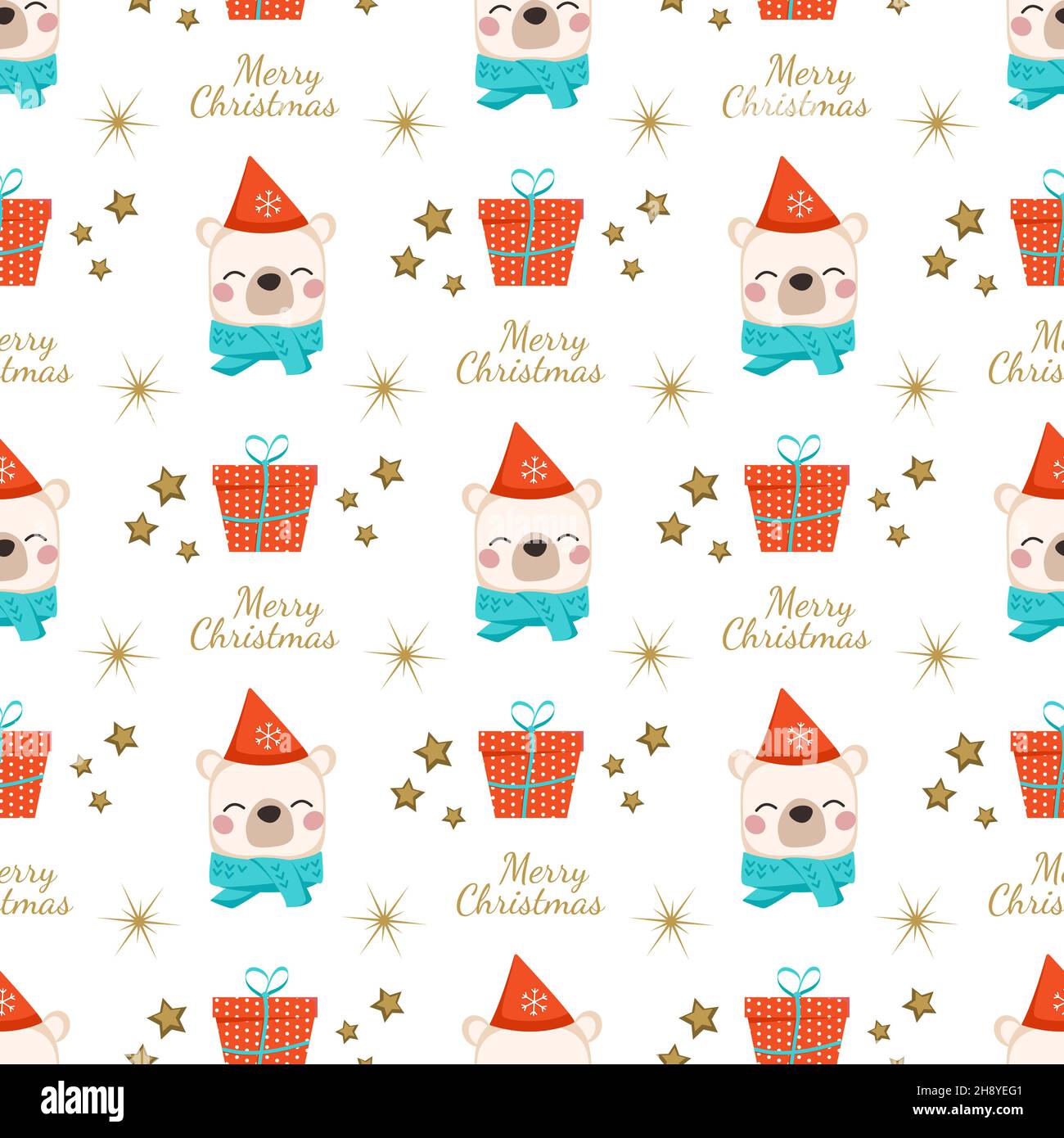 Seamless pattern with polar bear, text merry Christmas and gift box. Festive print, holiday decorations for New Year and Christmas. Funny animals with caps and bows. Vector flat illustration Stock Vector