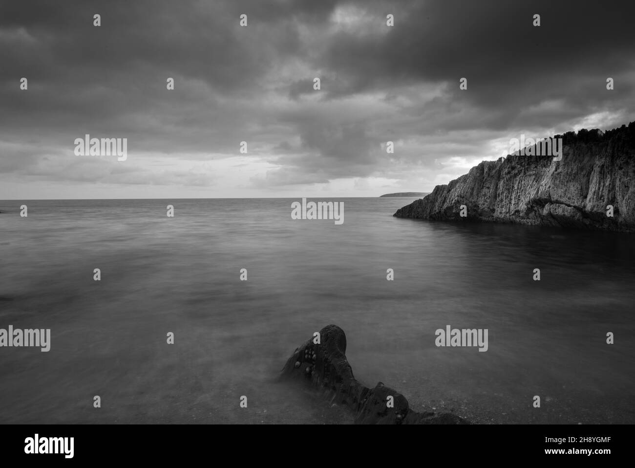 Grayscale shot of a coast on a foggy day Stock Photo - Alamy