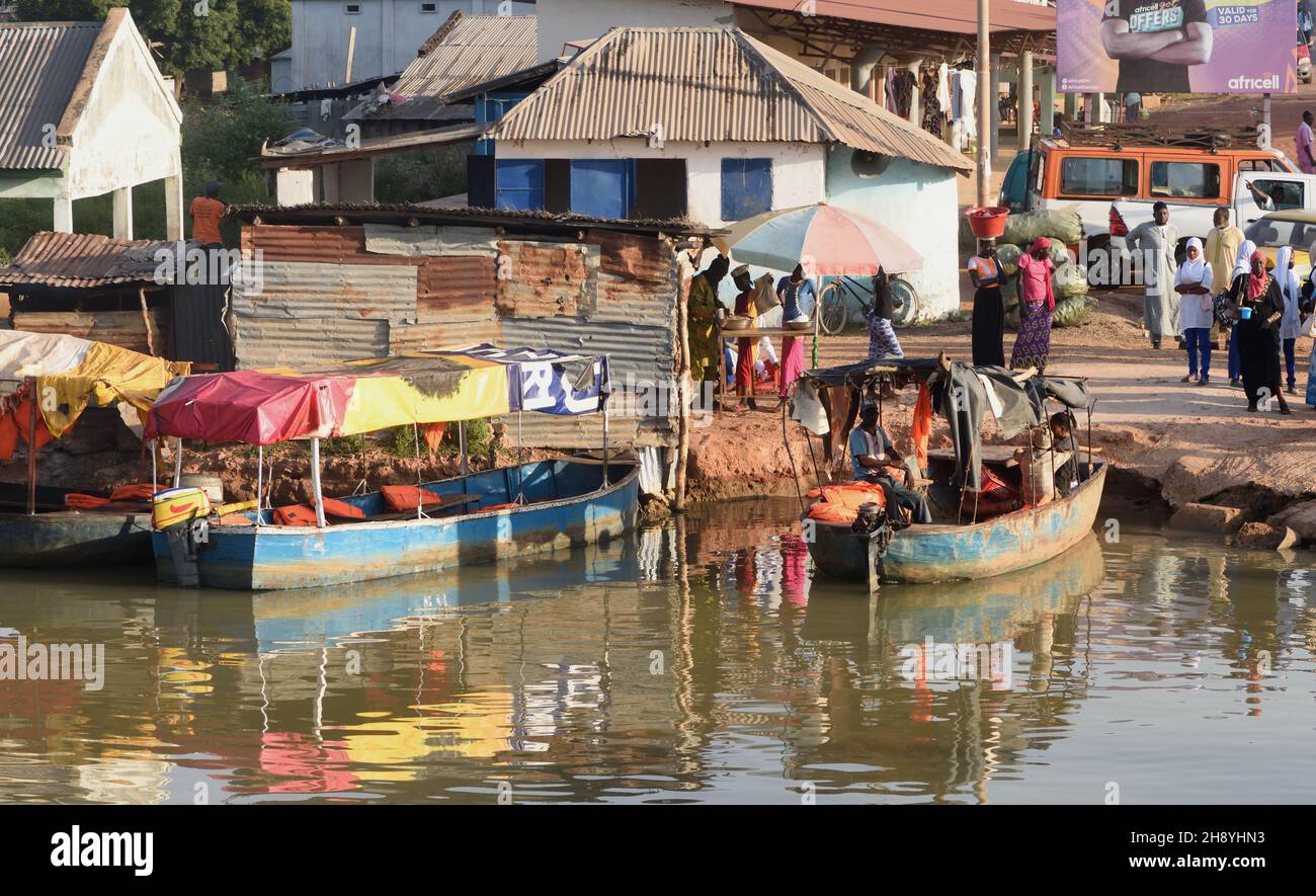 Passenger ferry terminal from where small ferries  carry passengers across the Gambia River to and from Janjanbureh. . Janjanbureh, The Republic of th Stock Photo
