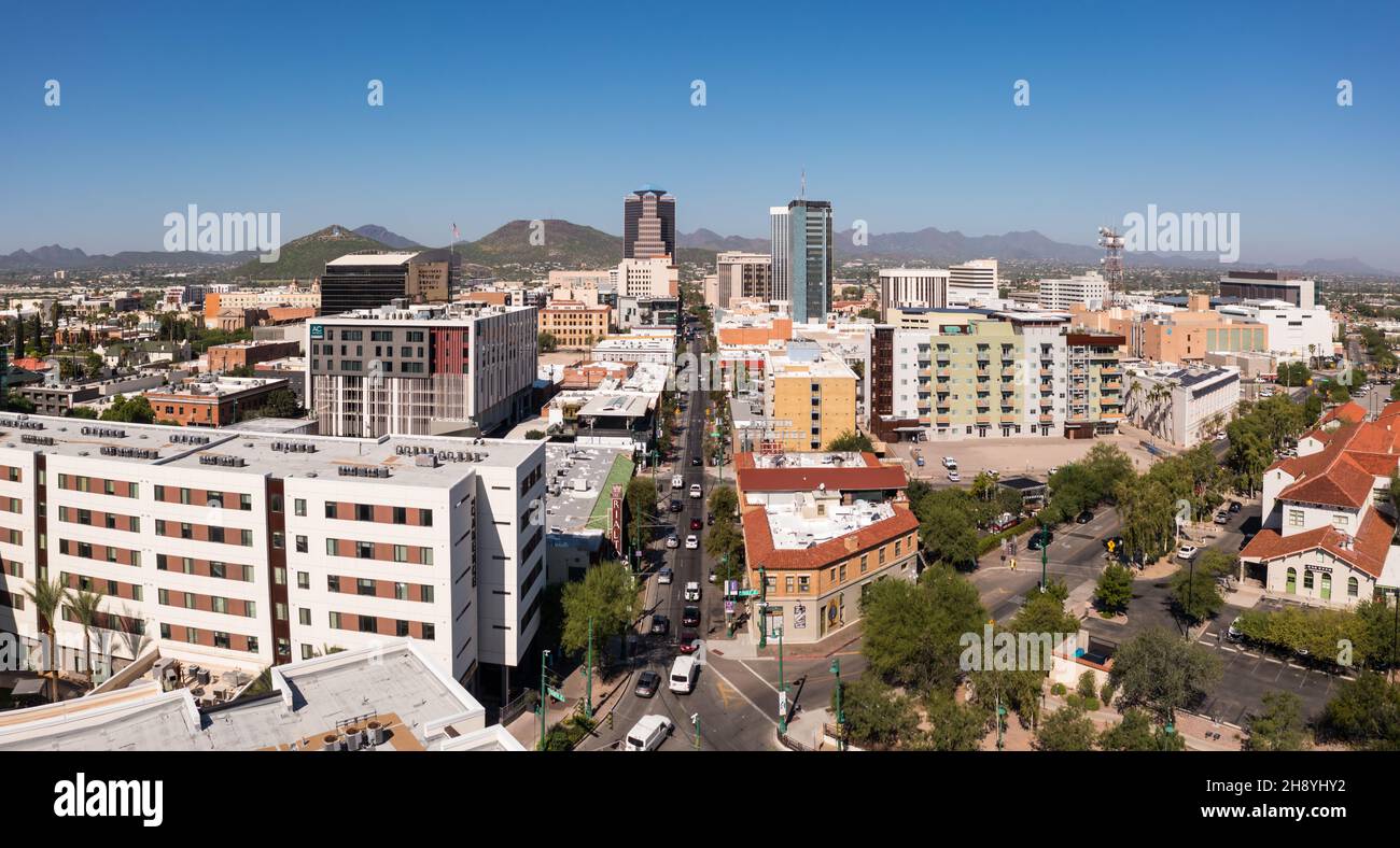 Panorama of condos and businesses in downtown Tucson, Arizona, aerial Stock Photo