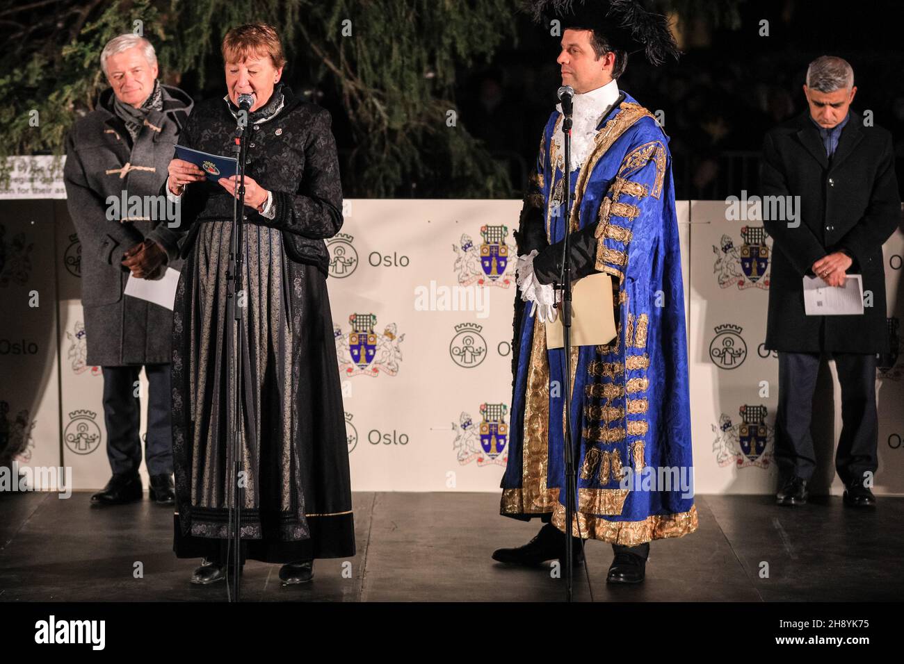 Westminster, London, 02nd Dec 2021. Mayor of Oslo, Marianne Borgen, speaks, with the Lord Mayor of Westminster, Andrew Smith, and Mayor of London, Sadiq Khan, also attending, as well as others. The Trafalgar Square Christmas Tree lights are switched on in a traditional ceremony this evening. The 25-metre high tree, usually a Norwegian spruce, is a gift from the people of Norway to London, in thanks for Britain's support in World War II. This historic tradition has happened every year since 1947. Credit: Imageplotter/Alamy Live News Stock Photo