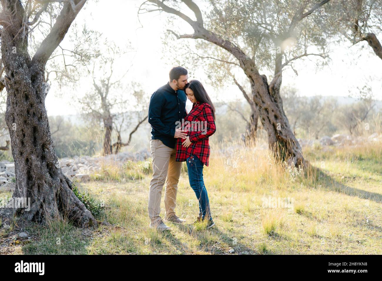 Man kissing head of pregnant woman hugging her belly in park Stock ...