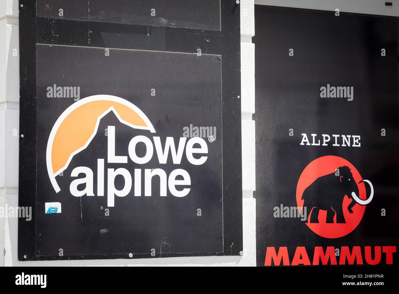 Picture of a sign with the logo of Lowe Alpine taken in front of their main retailer for Zagreb, Croatia. Lowe Alpine is an outdoor equipment manufact Stock Photo