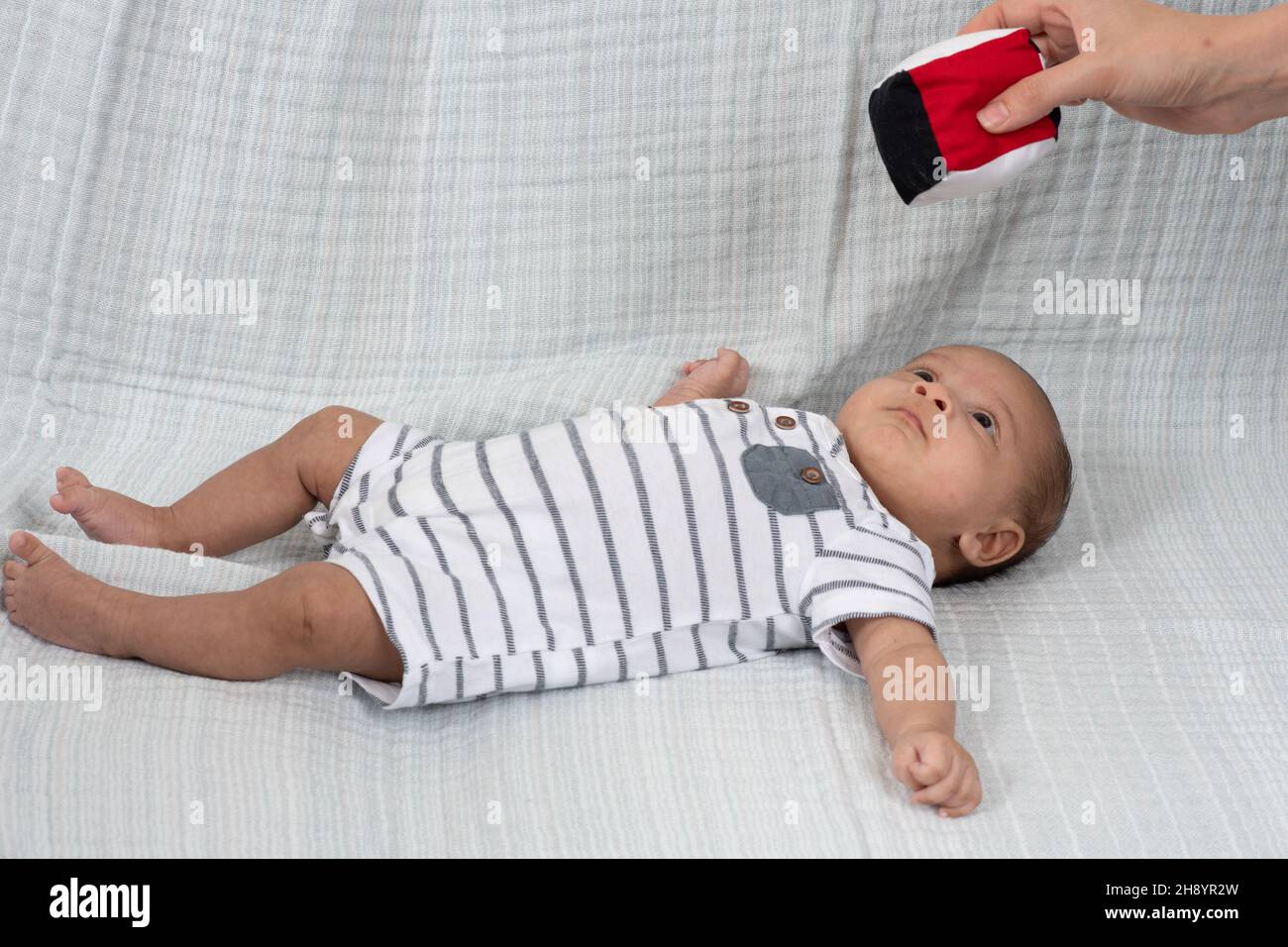 2 month old baby (premature) on back  interested in dangled high contrast toy Stock Photo