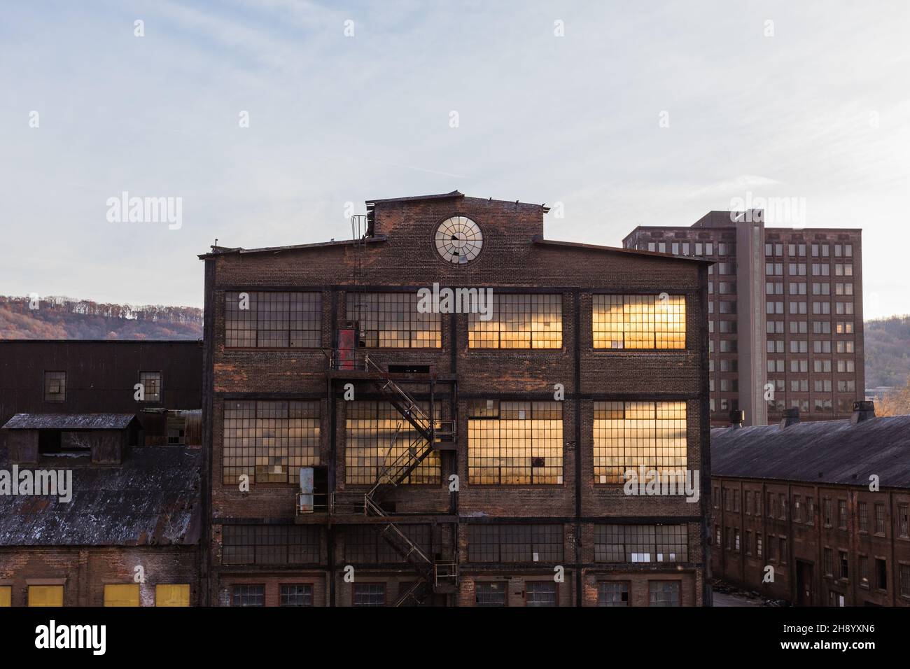 Vacant industrial buildings at Bethlehem PA Steel Stacks at dusk late fall Industrial Christmas Historic Moravian City Stock Photo