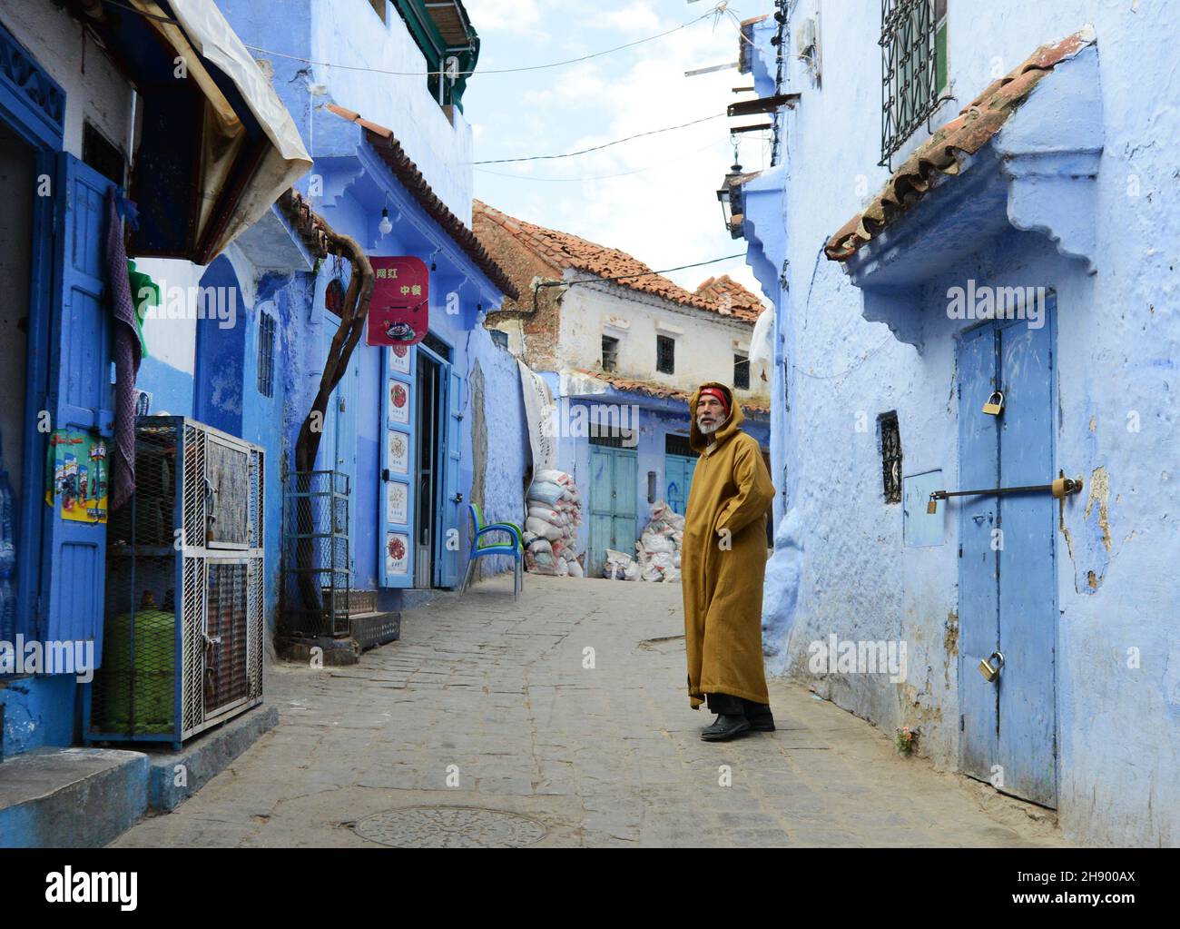 Traditionally blue painted houses in the medina of Chefchaouen in the Rif mountains in northern Morocco. Stock Photo