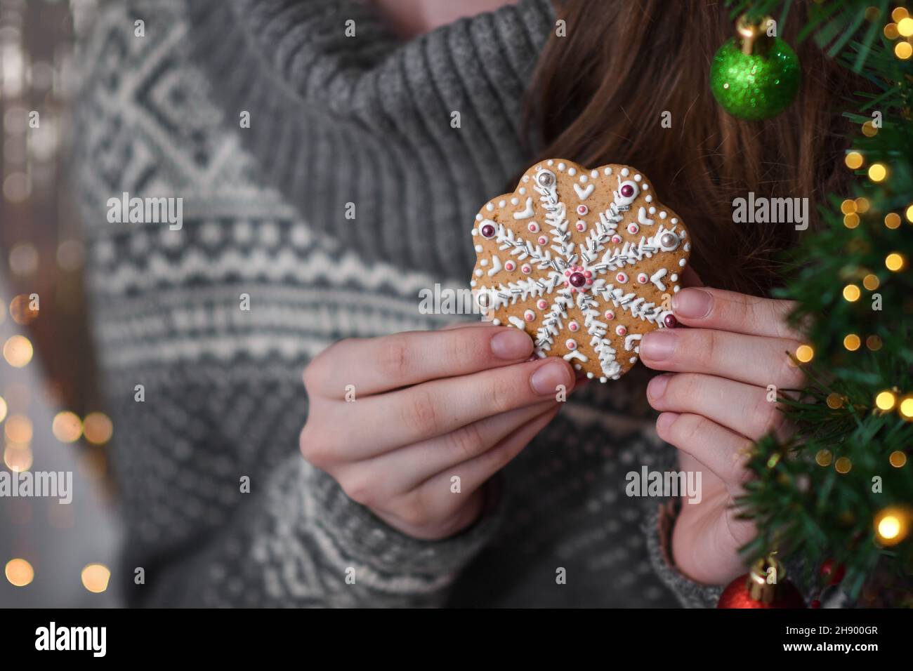 handmade Christmas gingerbread, in the hands of a girl Stock Photo