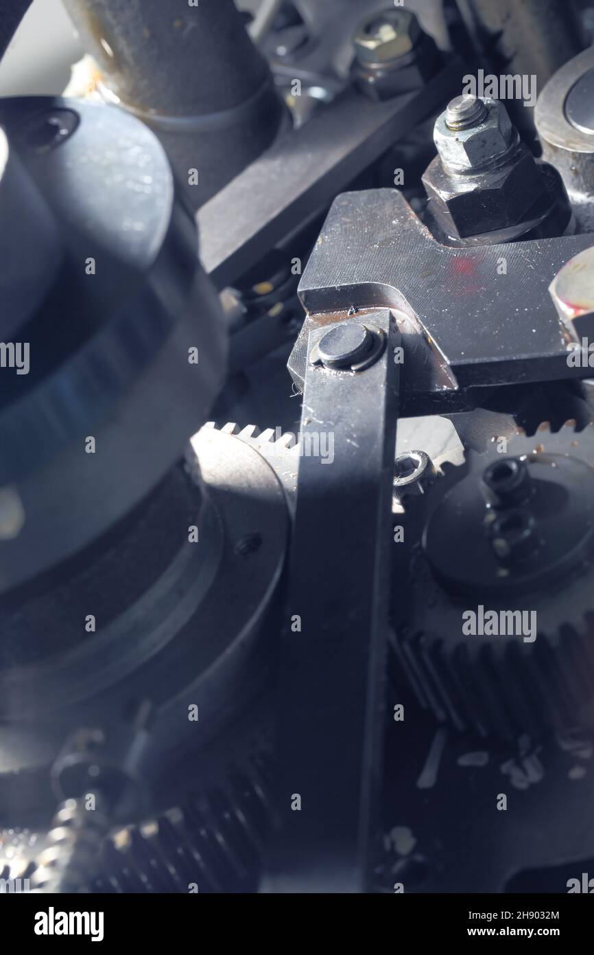 Oily metallic details of engine close-up. Stock Photo