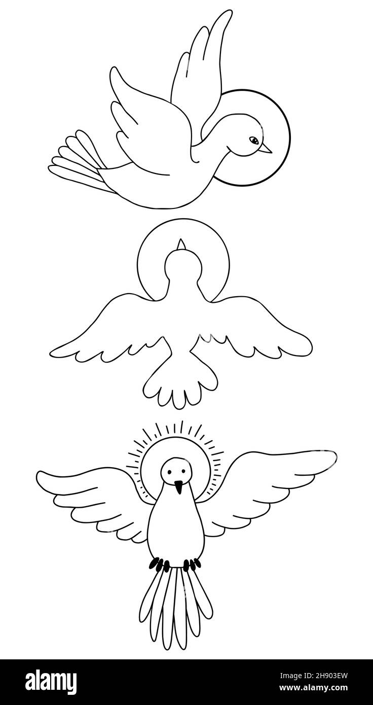 Vector illustration of Holy Spirit. Collection of outline, line doodle - Dove with halo in flight. Religious icon of Holy Spirit. Elements for design Stock Vector