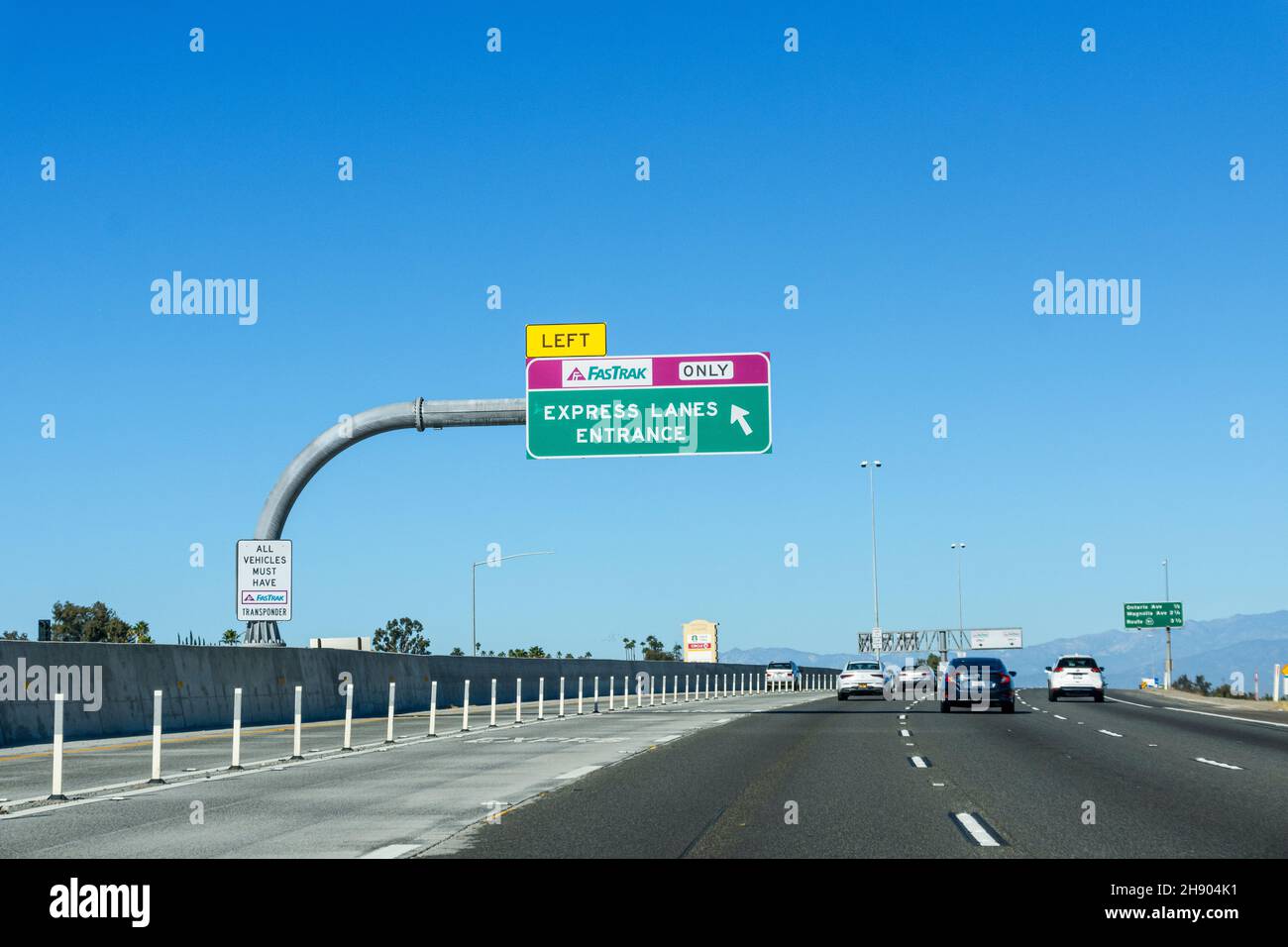 FasTrak Only road sign on the entrance to toll express lane on highway 15 - California, USA - 2021 Stock Photo