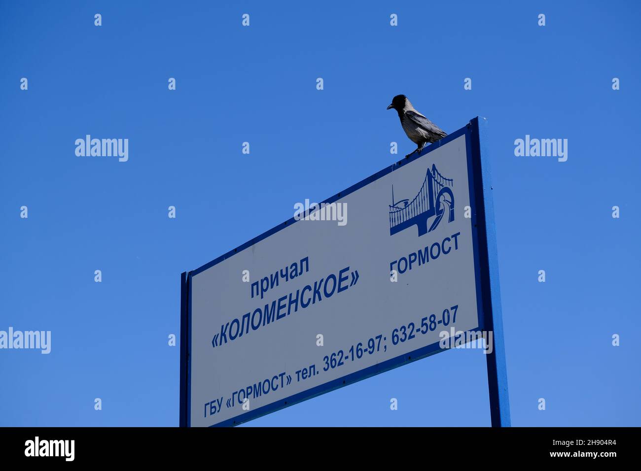 Russia, Moscow . 03.06.2021. Sign Kolomenskoye pier and bird. High quality photo Stock Photo