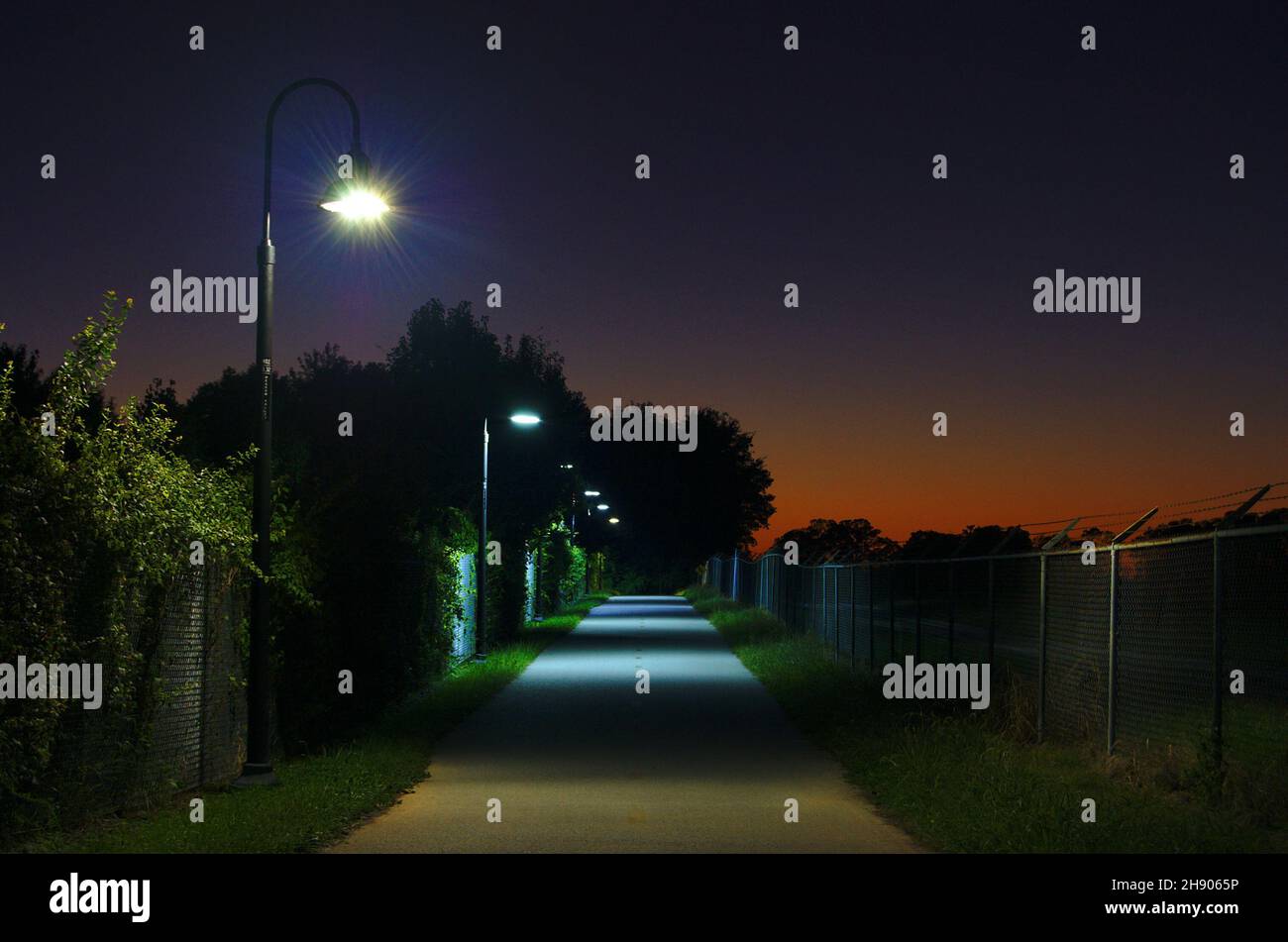 Front view of a trail at night illuminated by streetlights at golden hour with copy space Stock Photo
