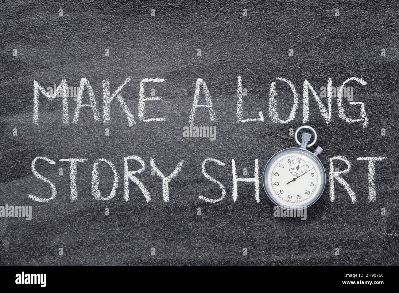 make a long story short phrase written on chalkboard with vintage precise stopwatch Stock Photo