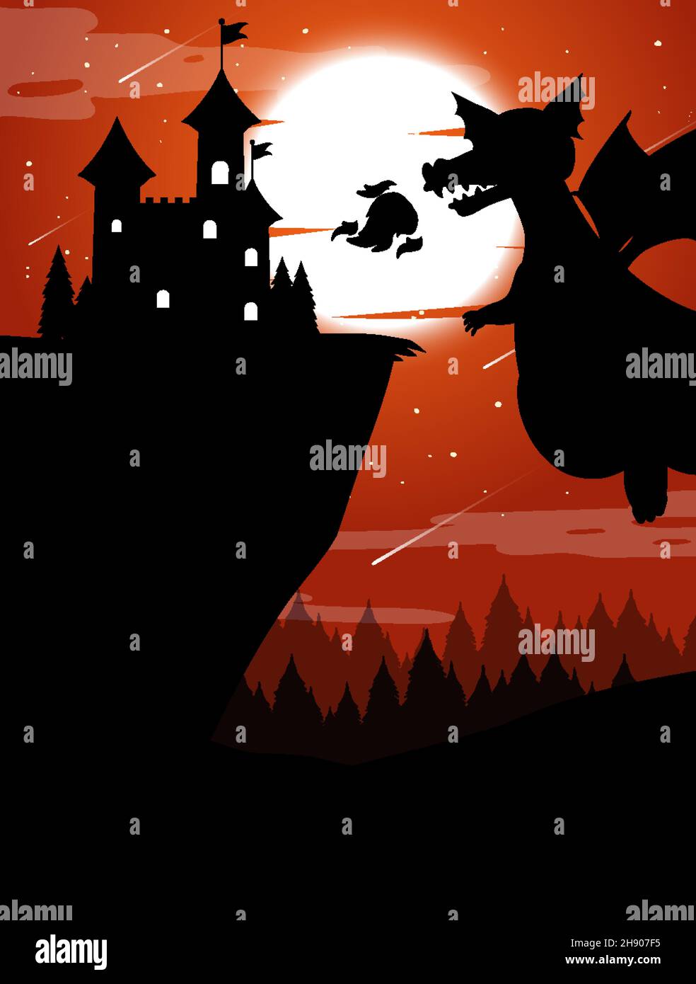 Silhouette castle and dragon with full moon background illustration ...