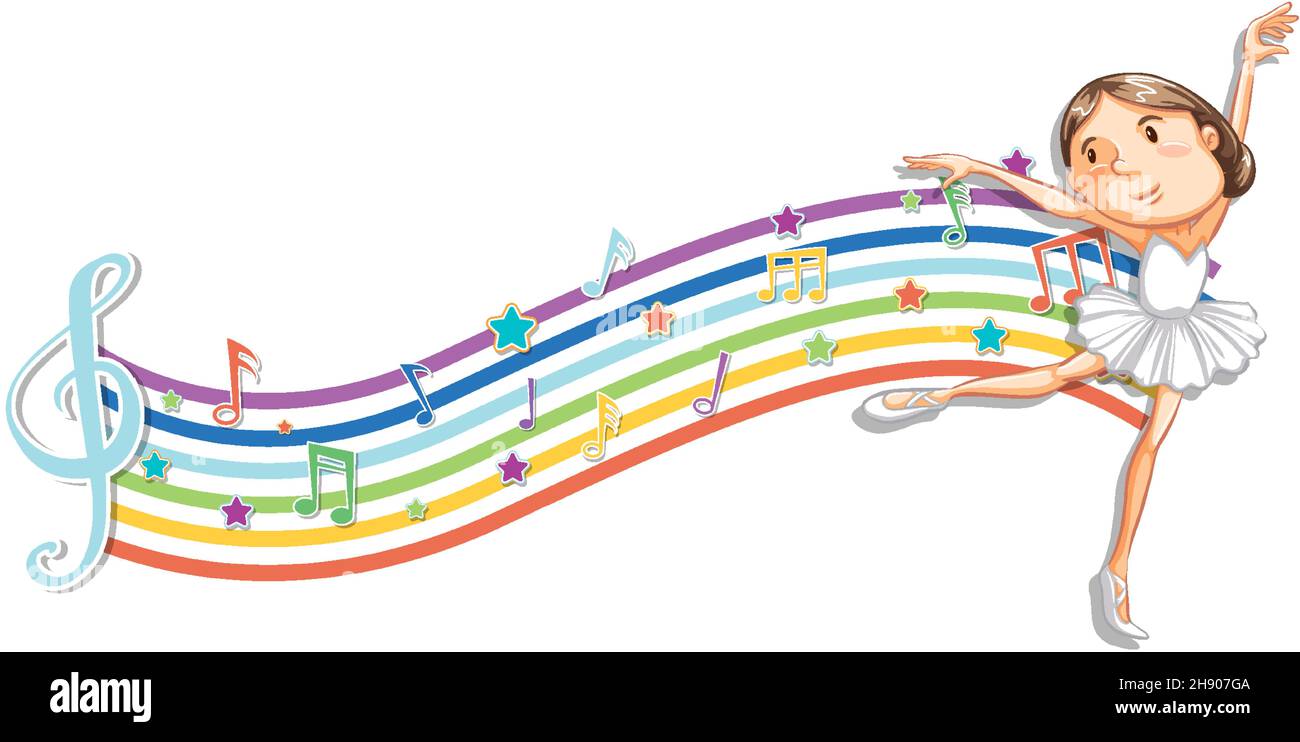Ballerina with melody symbols on rainbow wave illustration Stock Vector ...