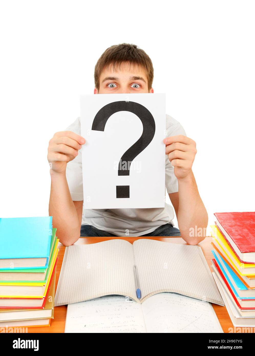 Student with Question Mark with the Books on the White Background Stock Photo