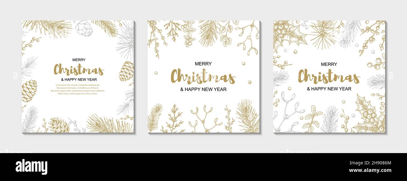 Set of Merry Christmas and happy New Year greeting cards with floral ...