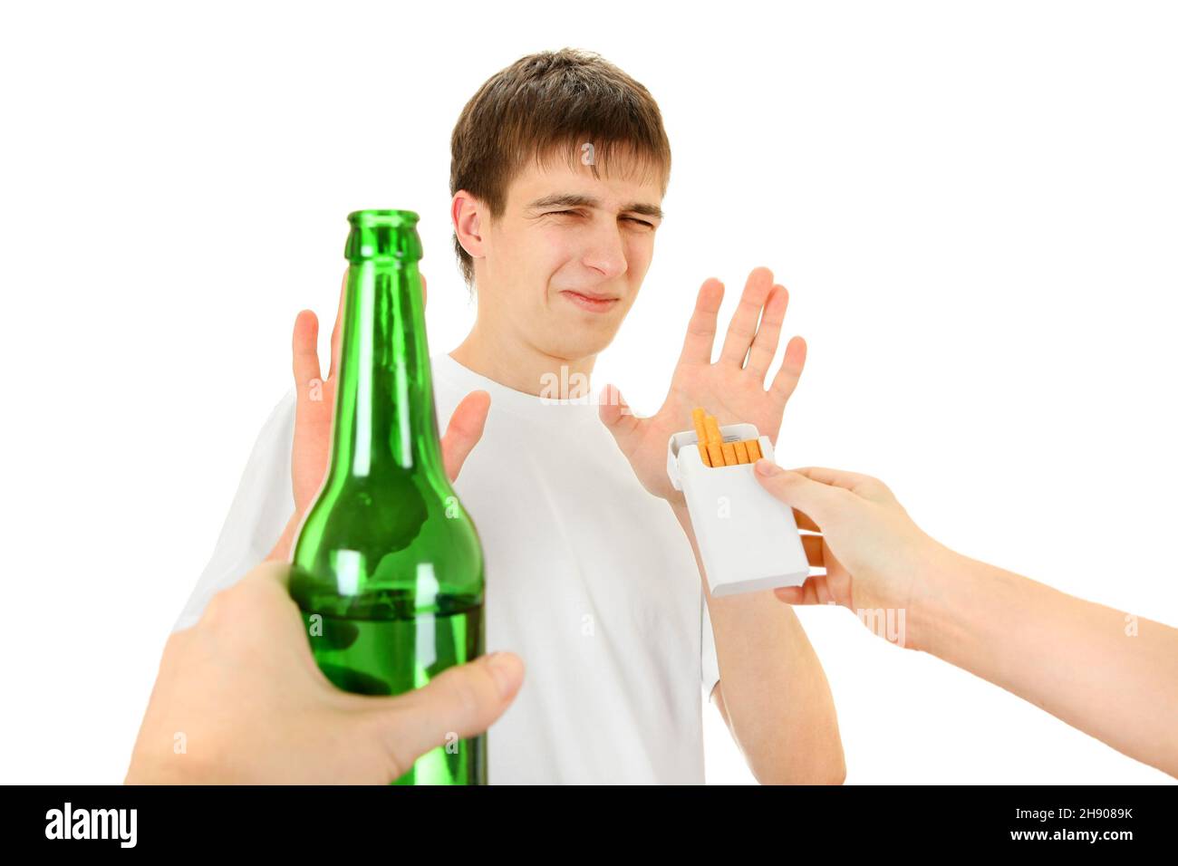 Teenager refuse a Cigarette and the Beer Isolated on the White Background Stock Photo