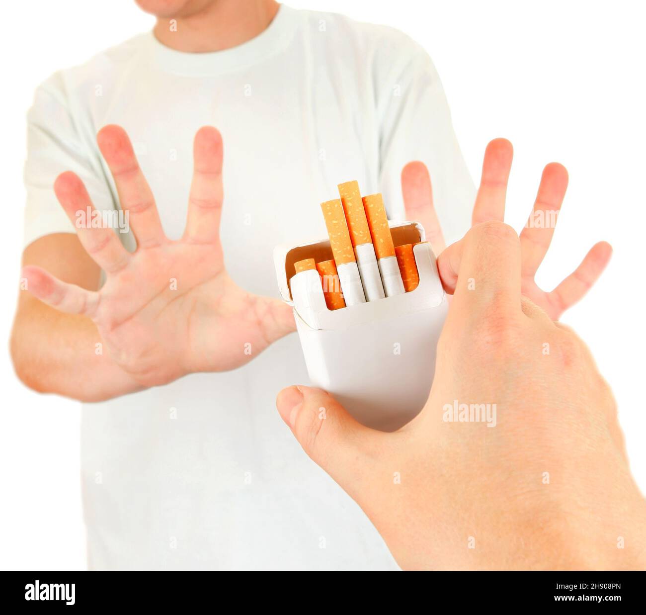 Person refuse Cigarettes Isolated on the White Background Stock Photo