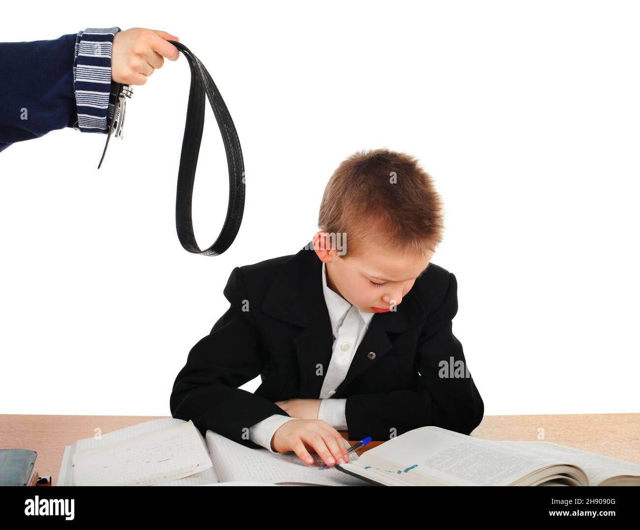Parent threaten Son with a Belt Isolated on the White Background Stock
